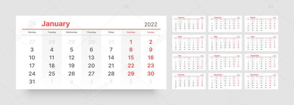 Monthly calendar for 2022 year. Week Starts on Monday.