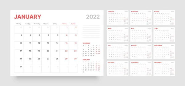 Monthly calendar for 2022 year. Week Starts on Monday. — Stock Vector