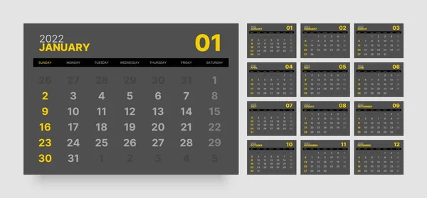 Monatskalender für 2022 Jahr. Woche beginnt am Sonntag. — Stockvektor