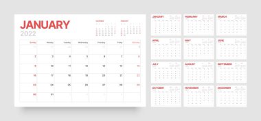 Pazar günü başlayacak olan 2022 takvim şablonu.