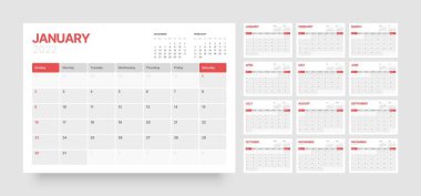 Pazar günü başlayacak olan 2022 takvim şablonu.