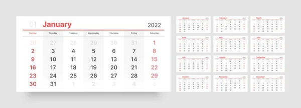 Calendario mensual para 2022 año. La semana comienza el domingo. — Vector de stock