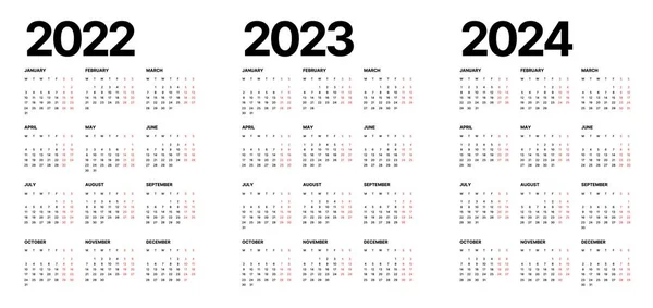 Calendar for 2022, 2023 and 2024 years. Week Starts on Monday. — Stock Vector