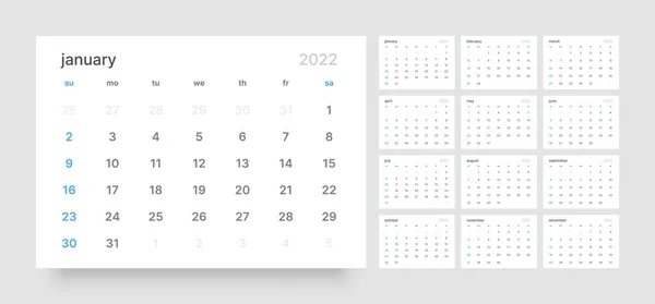 Calendar template for 2022 with week start on Sunday. — Stock Vector