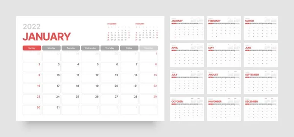 Šablona kalendáře pro rok 2022 s začátkem týdne v neděli. — Stockový vektor
