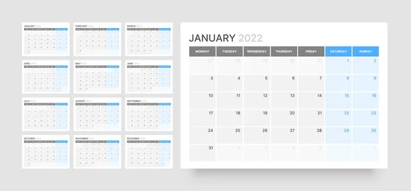 Calendario mensual para 2022 año. Semana comienza el lunes. — Vector de stock