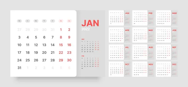 Monatskalender für 2022 Jahr. Woche beginnt am Montag. — Stockvektor