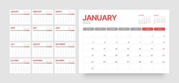 Calendario mensual para 2022 año. Semana comienza el lunes. — Vector de stock