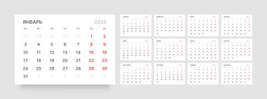 2022 yılının takvimi. Hafta pazartesi günü başlıyor. Rusça Dil.