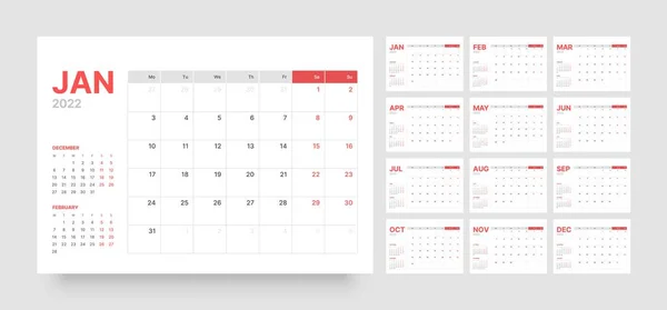 Calendario mensual para 2022 año. Semana comienza el lunes. — Vector de stock