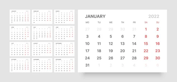 Monthly calendar for 2022 year. Week Starts on Monday. — Stock Vector