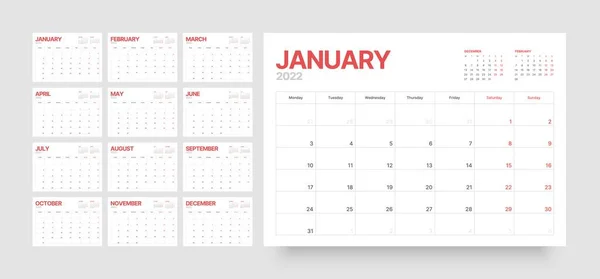 Calendario mensual para 2022 año. Semana comienza el lunes. — Vector de stock