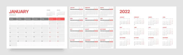 Calendrier mensuel pour 2022 année. La semaine commence le lundi. — Image vectorielle