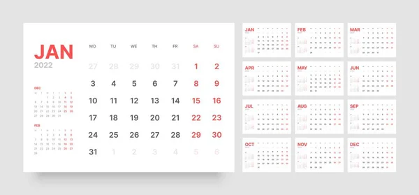 Calendario mensual para 2022 año. Semana comienza el lunes. — Vector de stock