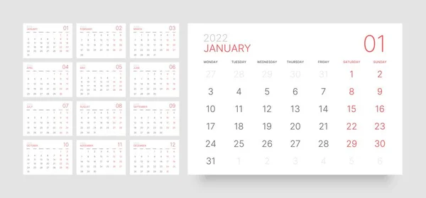 Monthly calendar for 2022 year. Week Starts on Monday. — Stock Vector