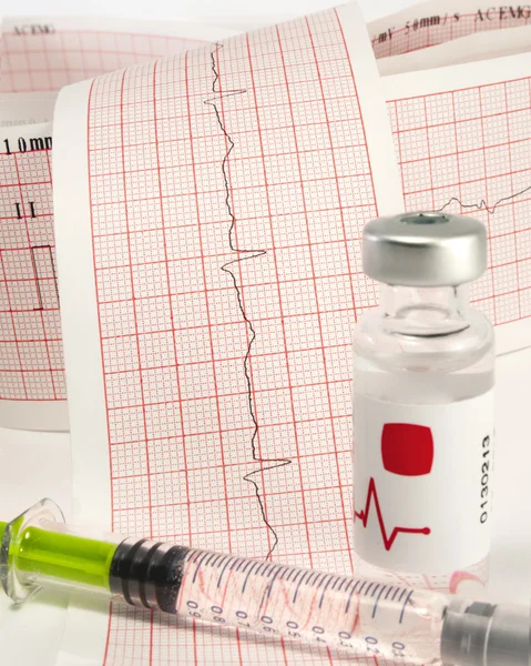 Syringe and vial on electrocardiograph. — Stock Photo, Image