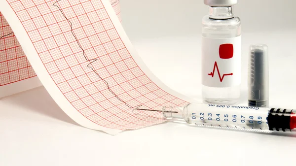 Syringe and vial on electrocardiograph — Stock Photo, Image