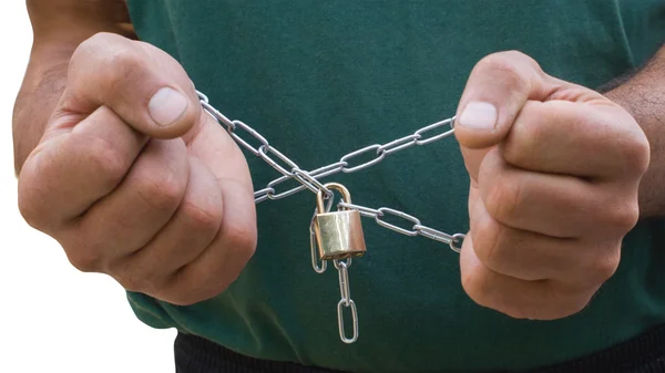 Photo of a man's hands and a metal chain — Stock Photo, Image