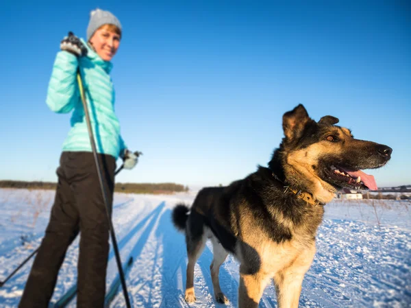 Mulher esquiando com cão — Fotografia de Stock