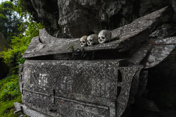 Crânes dans le cimetière traditionnel de Tana Toraja — Photo