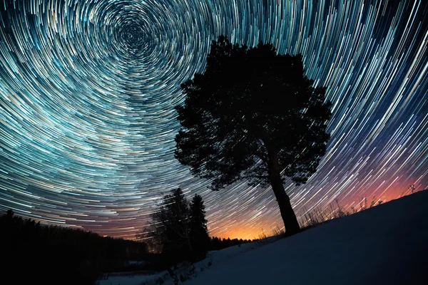 Trilhas de estrela em um céu de inverno — Fotografia de Stock