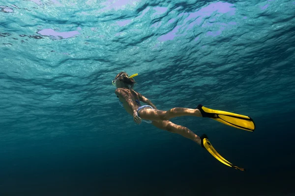 Senhora nadando debaixo d 'água — Fotografia de Stock