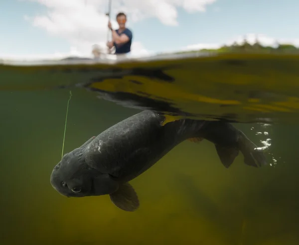 Fisherman with rod in the boat — Stock Photo, Image