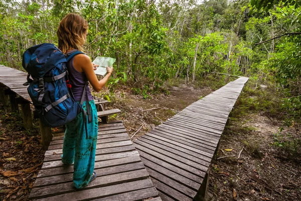 Wanderin steht mit Karte — Stockfoto