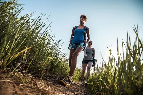 Duas senhoras caminhantes com mochilas — Fotografia de Stock