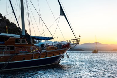 Bir koyda demirlemiş geleneksel yelkenli tekneler