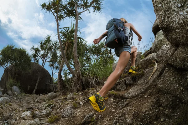 Lady vandrare med ryggsäck klättra upp — Stockfoto