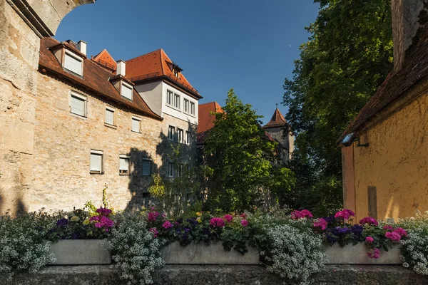 Trädgård med blommor i Rothenburg — Stockfoto