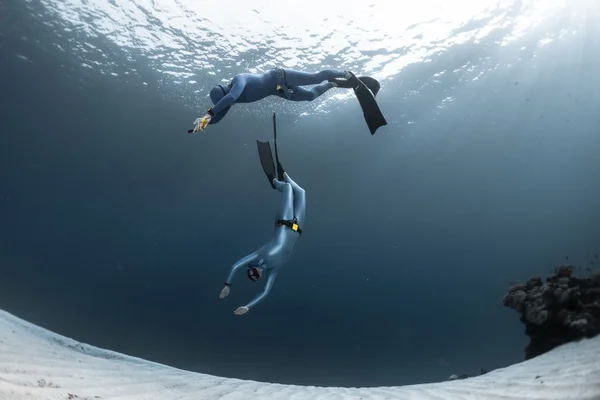 Dos freedivers finning — Foto de Stock