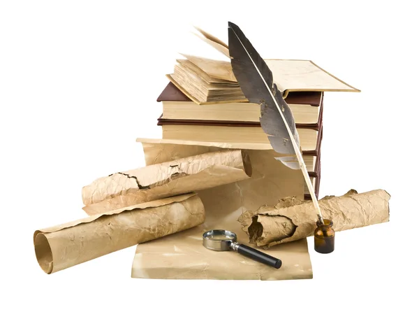 Pile of old books and quill — Stock Photo, Image