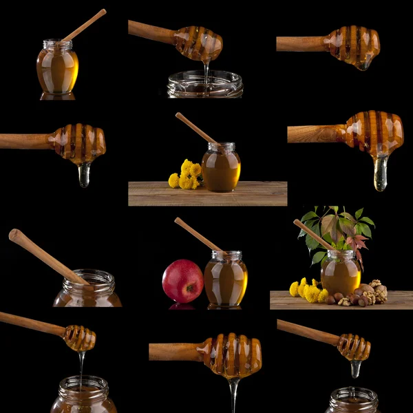 Honey dripping  on a black background — Stock Photo, Image