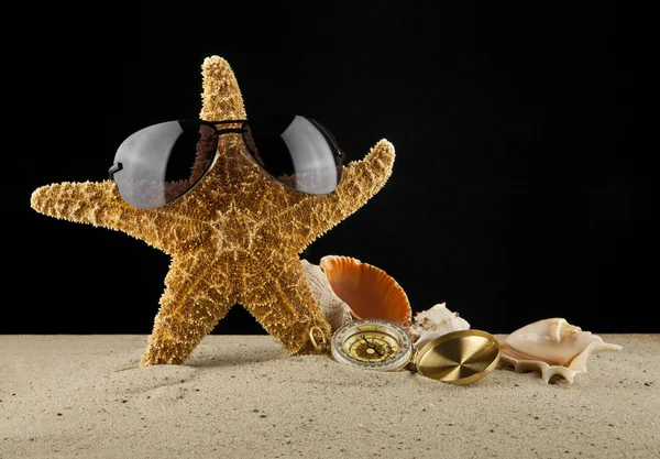 Goldener Jahrgangskompass, Muscheln und Seesterne auf Sand — Stockfoto