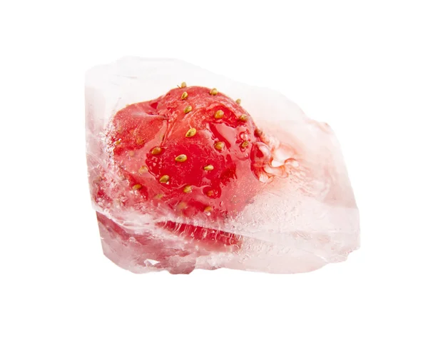 Frozen in chunks of ice, juicy, fresh red strawberry — Stock Photo, Image