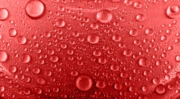 Gotas de água em um fundo vermelho closeup — Fotografia de Stock