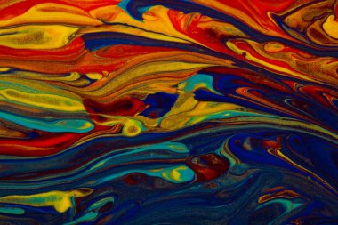 Kırmızı-sarı-mavi-soyut çok renkli sıvı zemin, boya, boya sıçraması, renkli boya