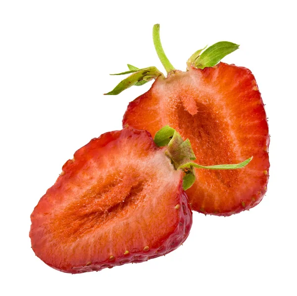 Hälften Frischer Und Saftiger Erdbeeren Isoliert Auf Weißem Hintergrund Nahaufnahme — Stockfoto