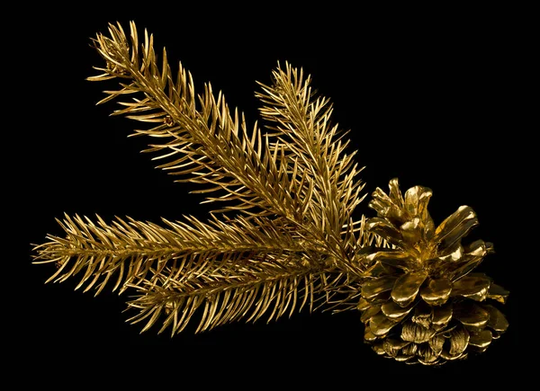 Golden Christmas Tree Branch Golden Pine Cone Isolated Black Background — Stock Photo, Image