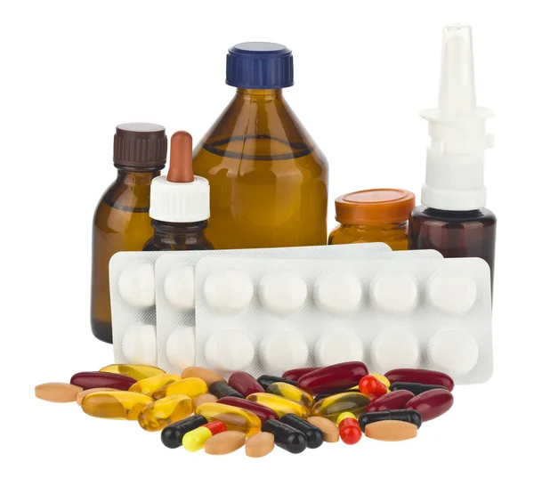 Tabletter Och Läkemedelsflaskor Isolerade Vit Bakgrund Närbild — Stockfoto