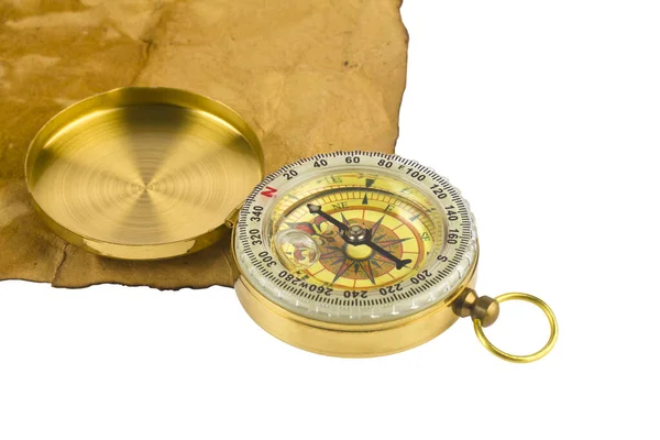 Kompas Starý Papír Izolované Bílém Pozadí Close — Stock fotografie