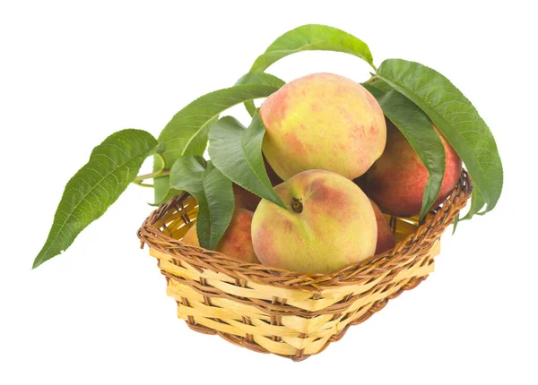 Peaches Juicy Ripe Sweet Peaches Wicker Basket Isolated White Background — Stock Photo, Image