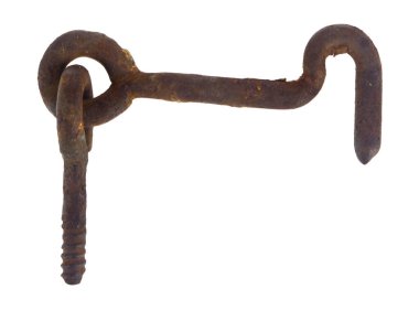 Paslı metal kanca beyaz arka planda izole edilmiş. Yukarıdan görüntüle.