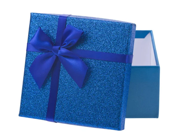 Caixa Azul Aberta Com Arco Azul Isolado Fundo Branco Detalhe — Fotografia de Stock