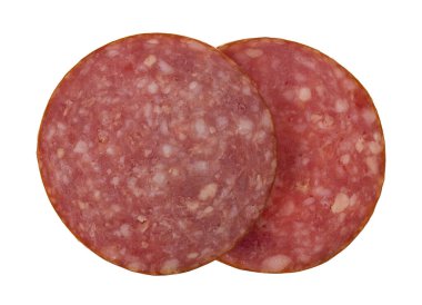 Dilimlenmiş sosis beyaz arka planda izole edilmiş. Yukarıdan bak. Tasarım ayrıntıları. Tasarım elemanları. Makro. Yiyecek.. 