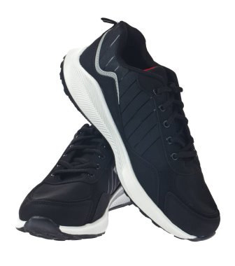 Siyah spor ayakkabıları beyaz arka planda izole edilmiş. Tasarım ayrıntıları. Tasarım elemanları. Makro. Yiyecekler. Kartvizitler, kartpostallar ve posterler için arka plan. 