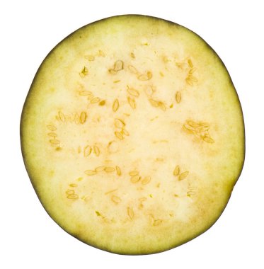 Beyaz arka planda izole edilmiş dilimlenmiş patlıcan. Sağlıklı yiyecekler. Tasarım ayrıntıları. Tasarım elemanları. Makro. Kartvizitler, kartpostallar ve posterler için arka plan. 