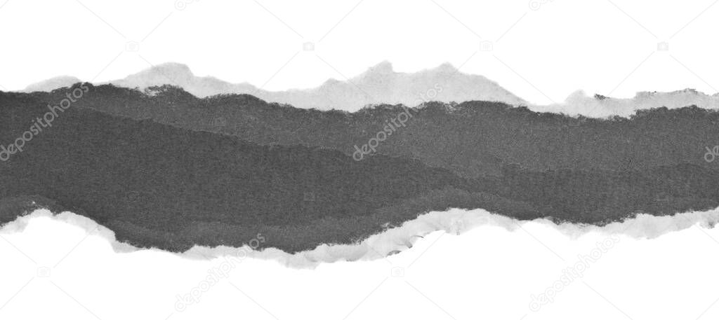 Black torn paper isolated on white background close-up. Detail for design. Design elements. Macro. Background for business cards, postcards and posters. 